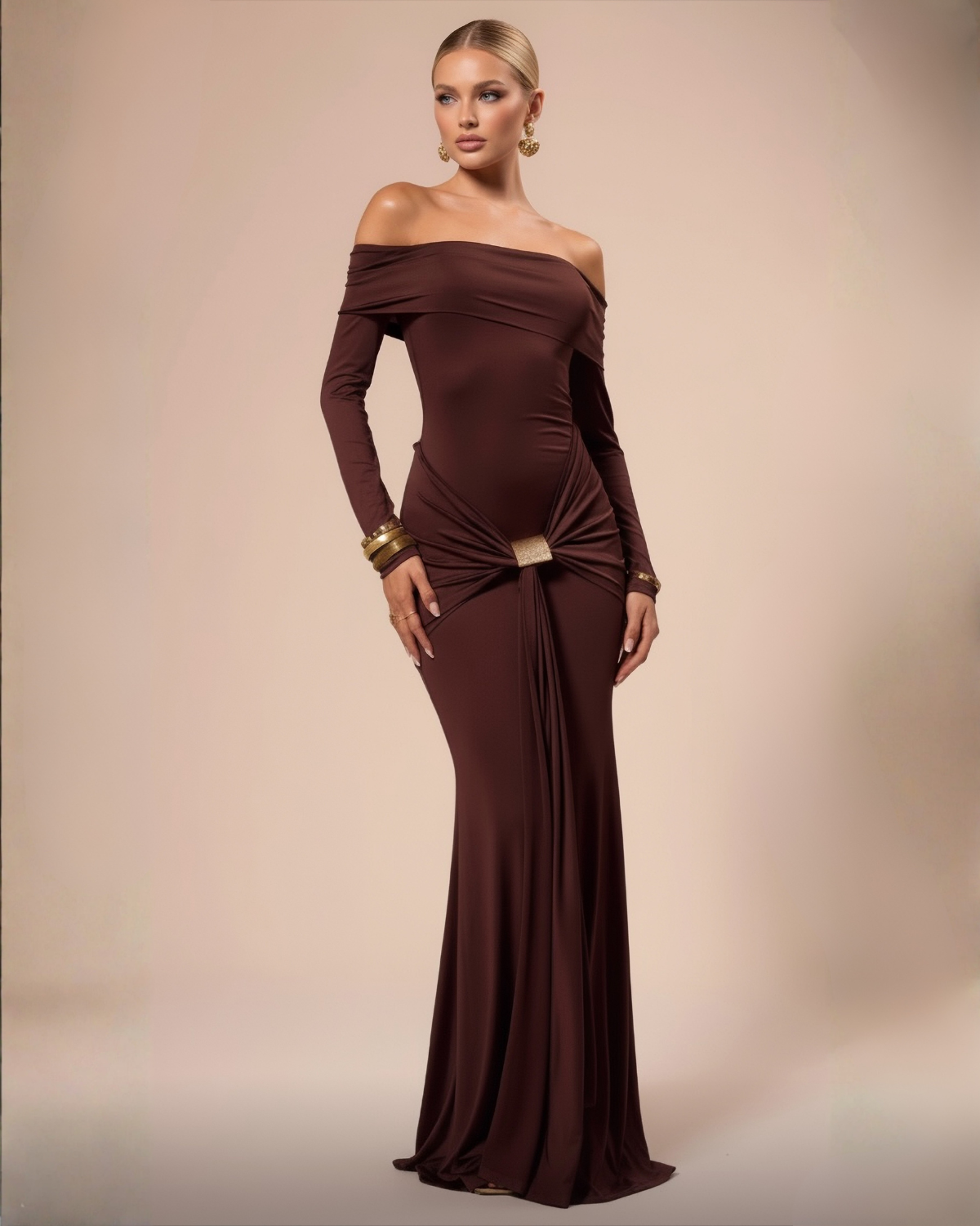The Margot Off-Shoulder Maxi Dress - Brown