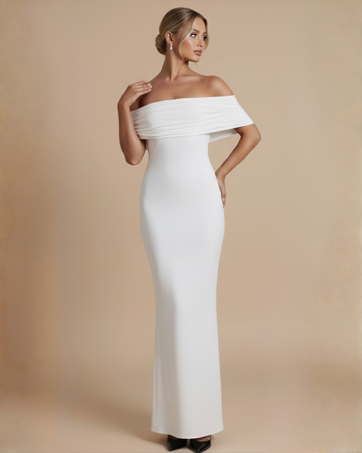 The Noir Backless Off-Shoulder Maxi Dress - White