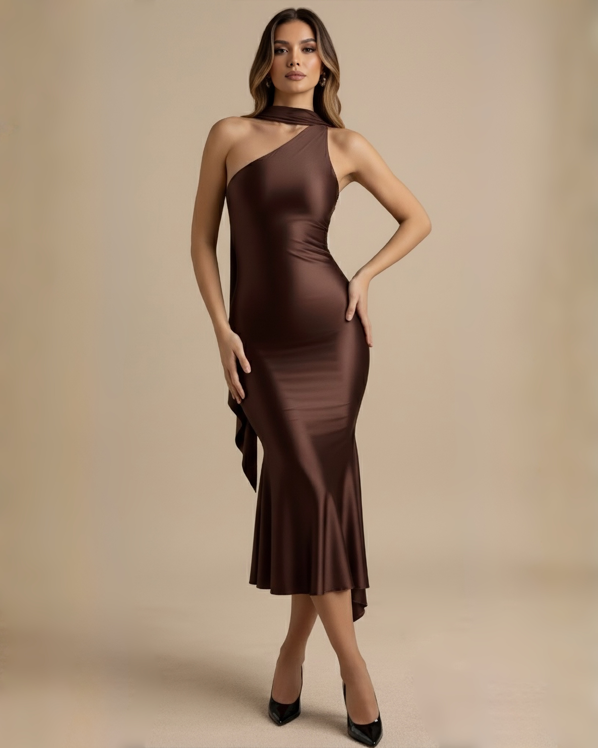 The Mirella Satin Midi Dress - Brown