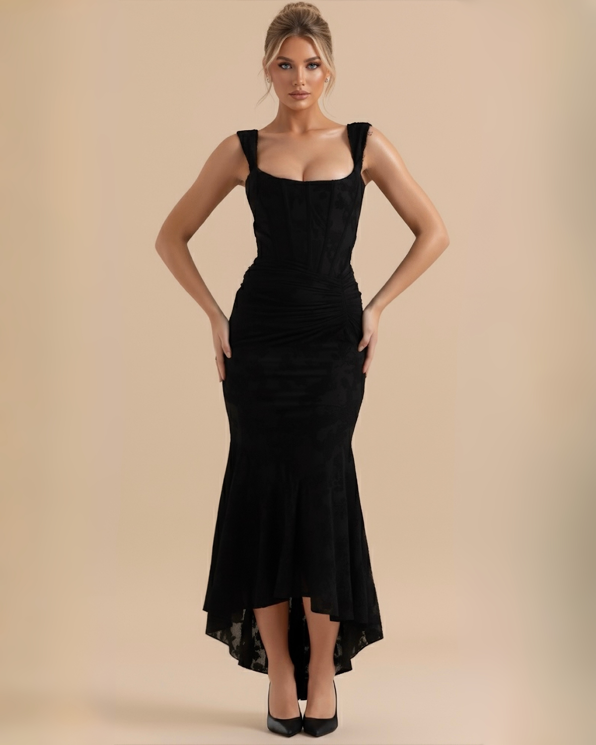 The Liliana Lace Corset Midi Dress - Black