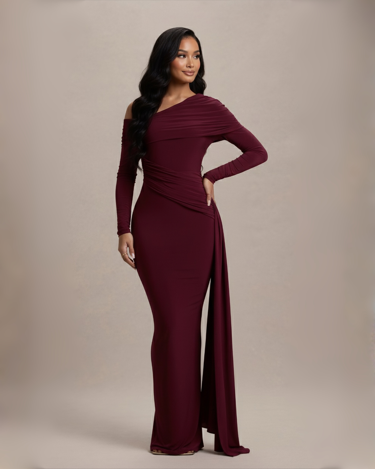 The Mona Long Sleeve Maxi Dress - Wine Red