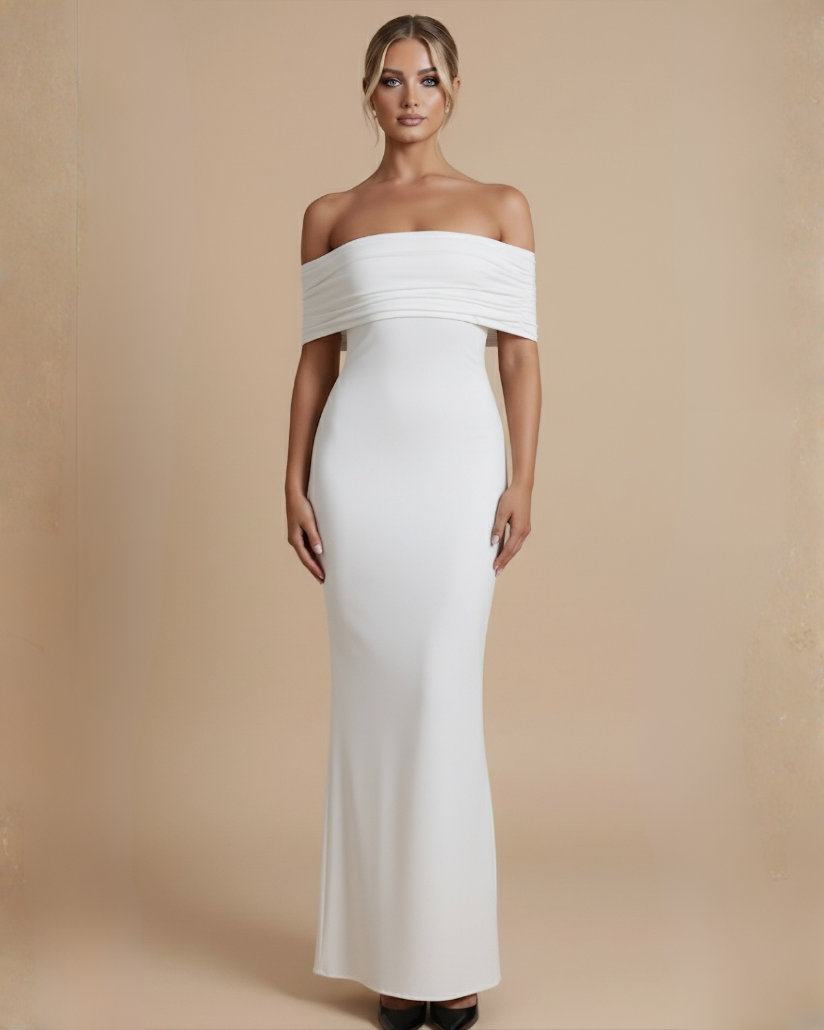The Noir Backless Off-Shoulder Maxi Dress - White