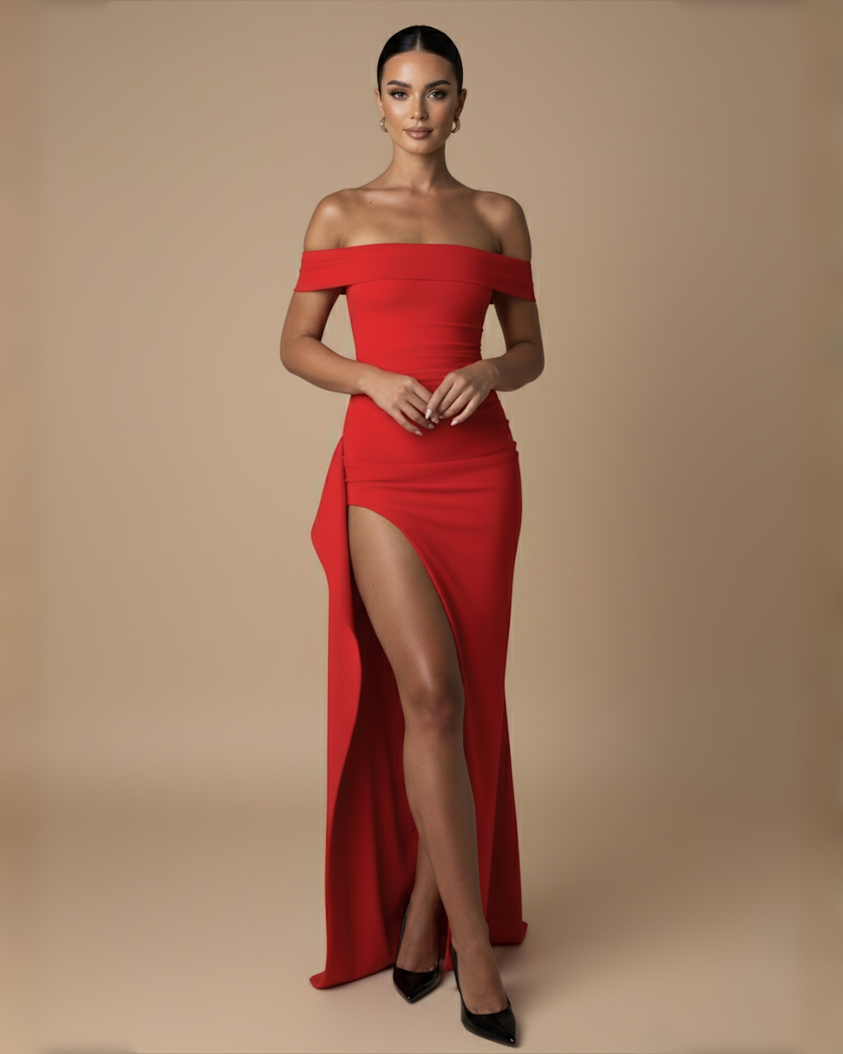 The Nala Off-Shoulder Split Maxi Dress - Red