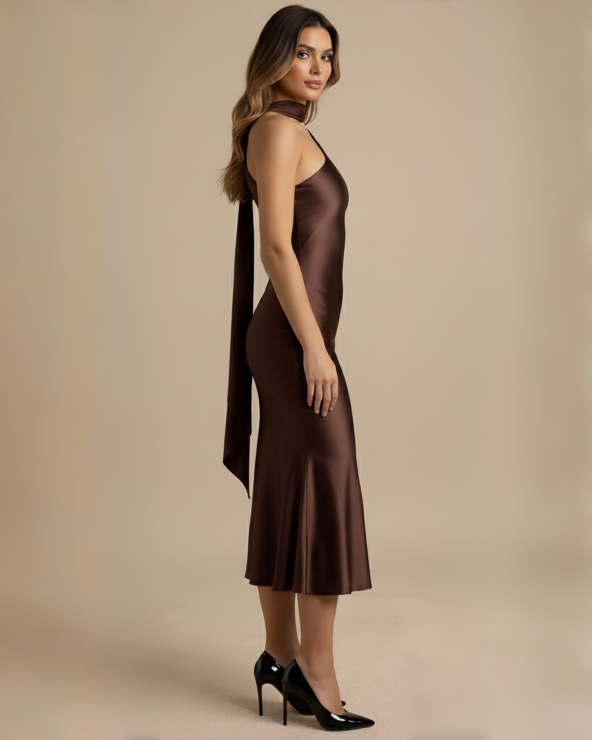 The Mirella Satin Midi Dress - Brown