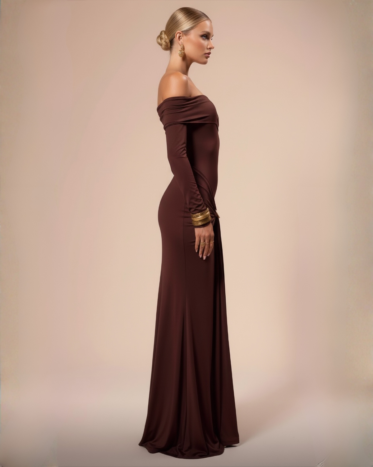 The Margot Off-Shoulder Maxi Dress - Brown