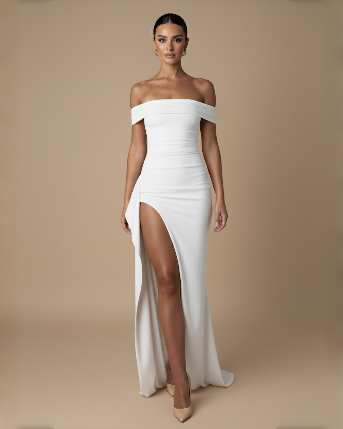 The Nala Off-Shoulder Split Maxi Dress - White