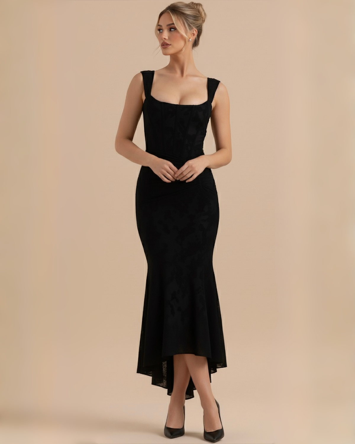 The Liliana Lace Corset Midi Dress - Black