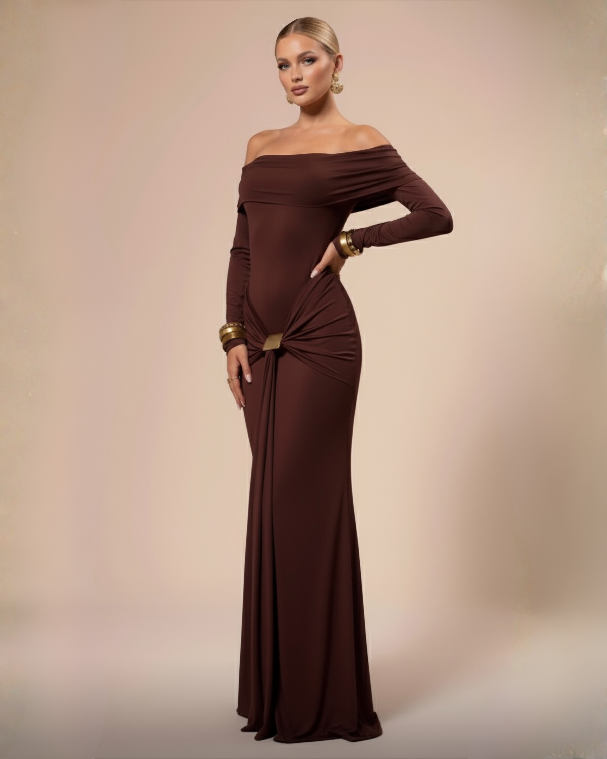The Margot Off-Shoulder Maxi Dress - Brown