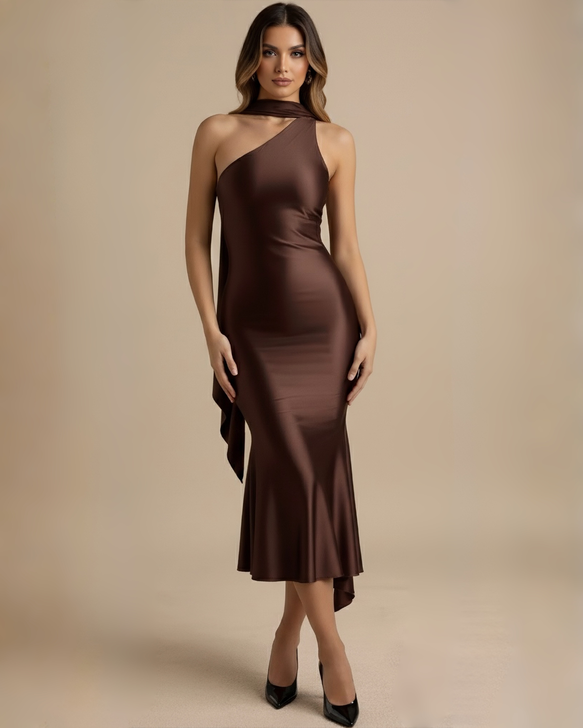The Mirella Satin Midi Dress - Brown