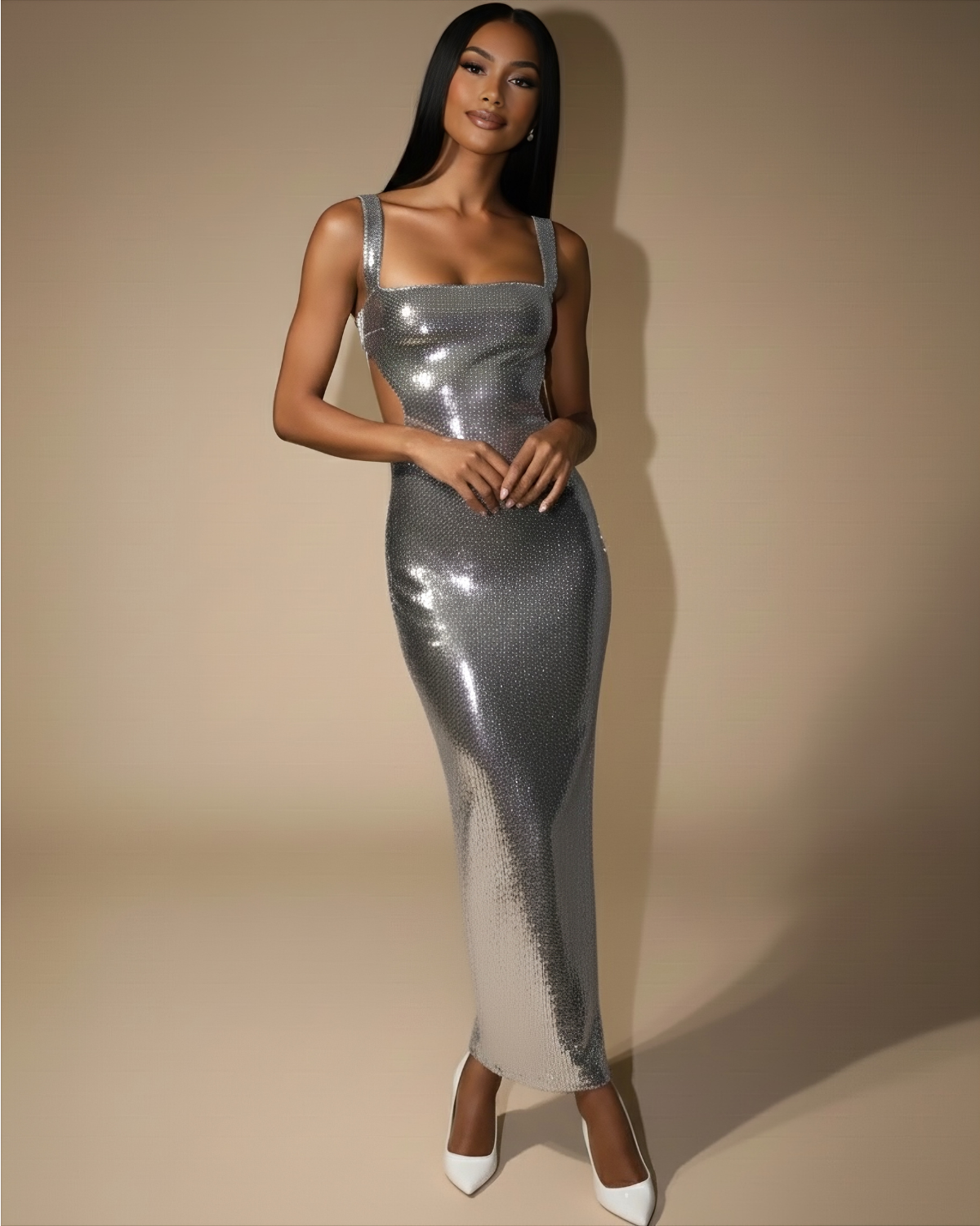 The Sylviana Backless Maxi Dress - Silver