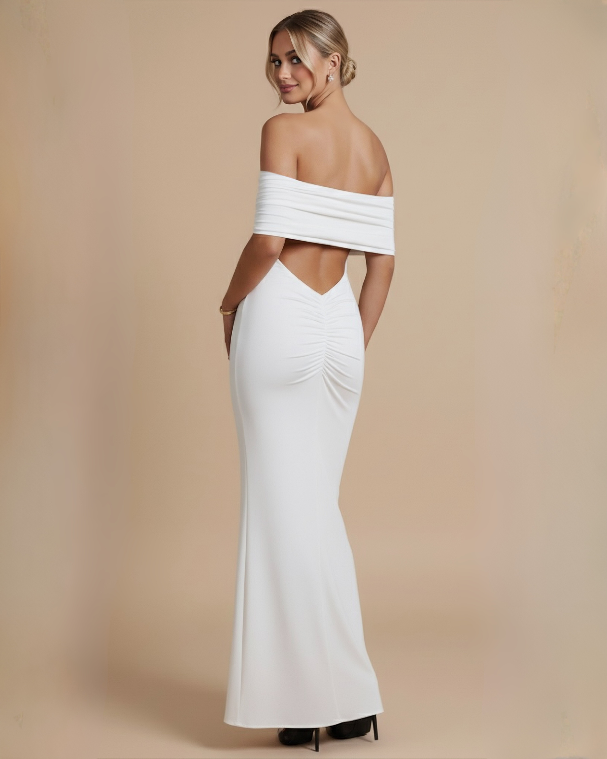 The Noir Backless Off-Shoulder Maxi Dress - White