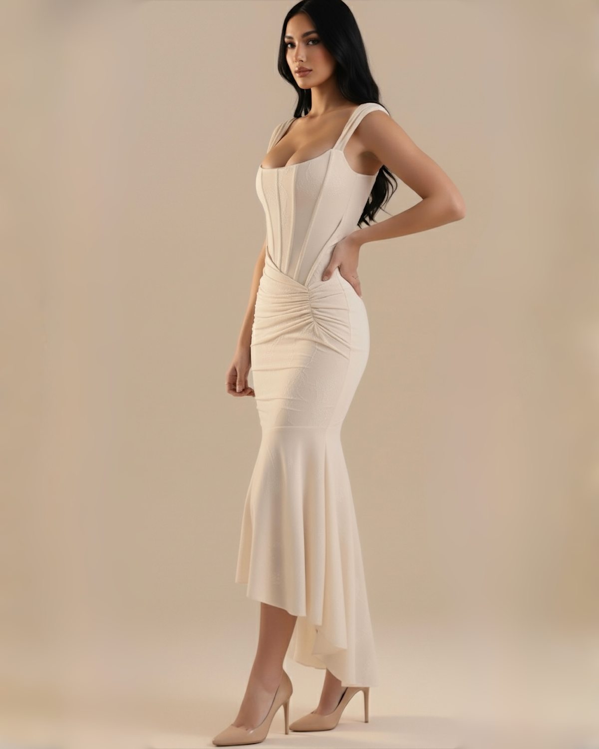 The Liliana Lace Corset Midi Dress - Cream White