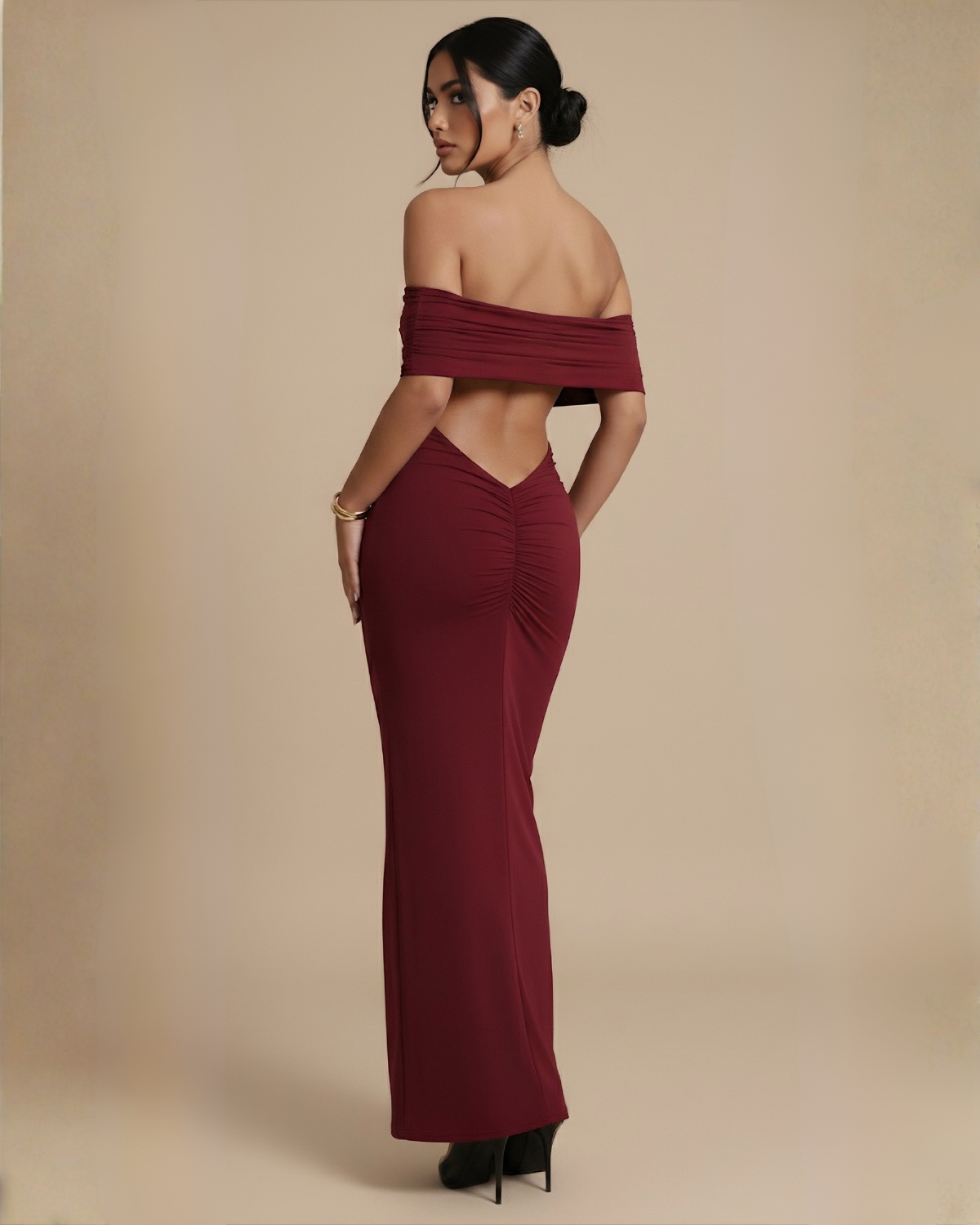 The Noir Backless Off-Shoulder Maxi Dress - Red