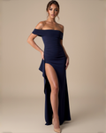 The Nala Off-Shoulder Split Maxi Dress - Navy Blue