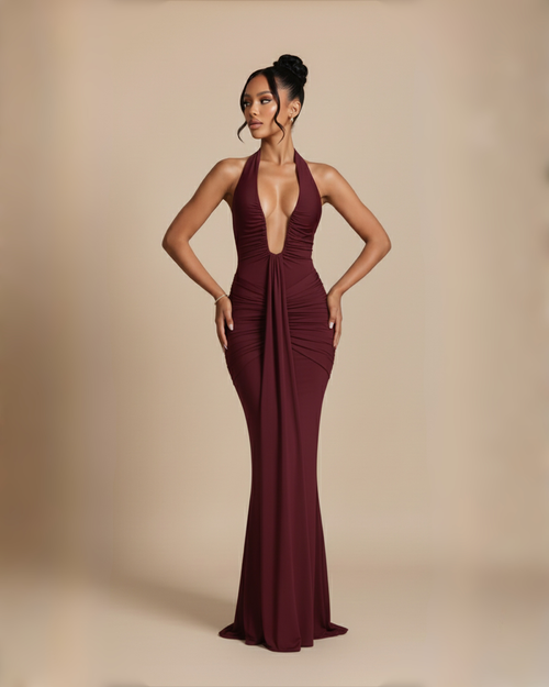 The Angelica Halter Maxi Dress -  Wine Red
